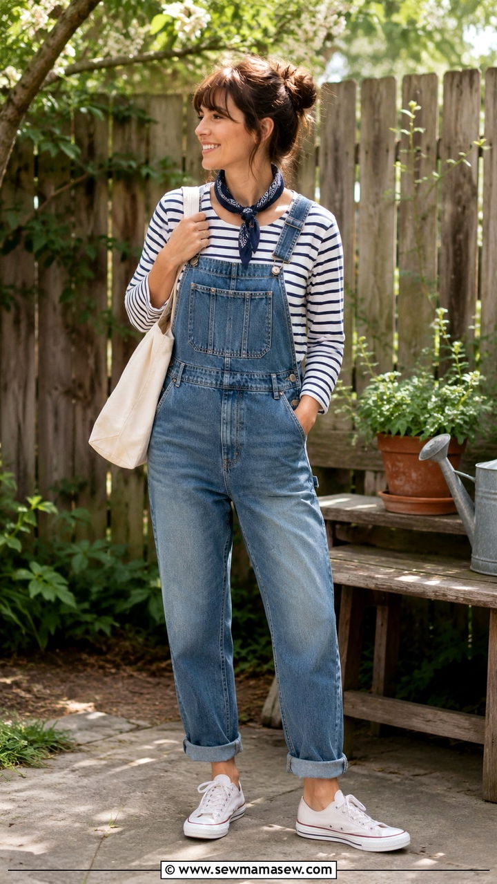 Overalls with striped tee and canvas sneakers outfit - 30 Spring backyard outfits