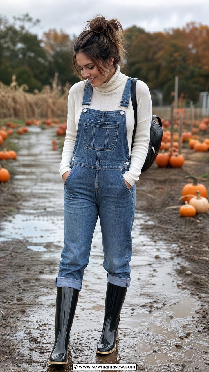 Overalls with turtleneck and tall rain boots - 30 Cozy rainy day outfit ideas