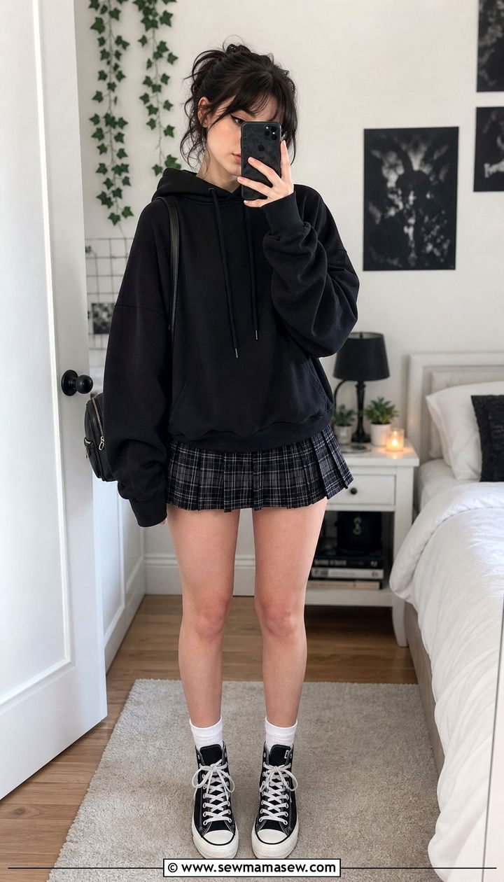 Oversized Band Hoodie With A Pleated Plaid Skirt And High Top Sneakers - 25 cute grunge outfits