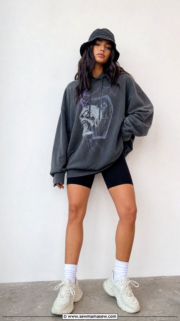 Oversized Band Hoodie with Bike Shorts and Chunky Sneakers - 35 grunge outfit ideas for women