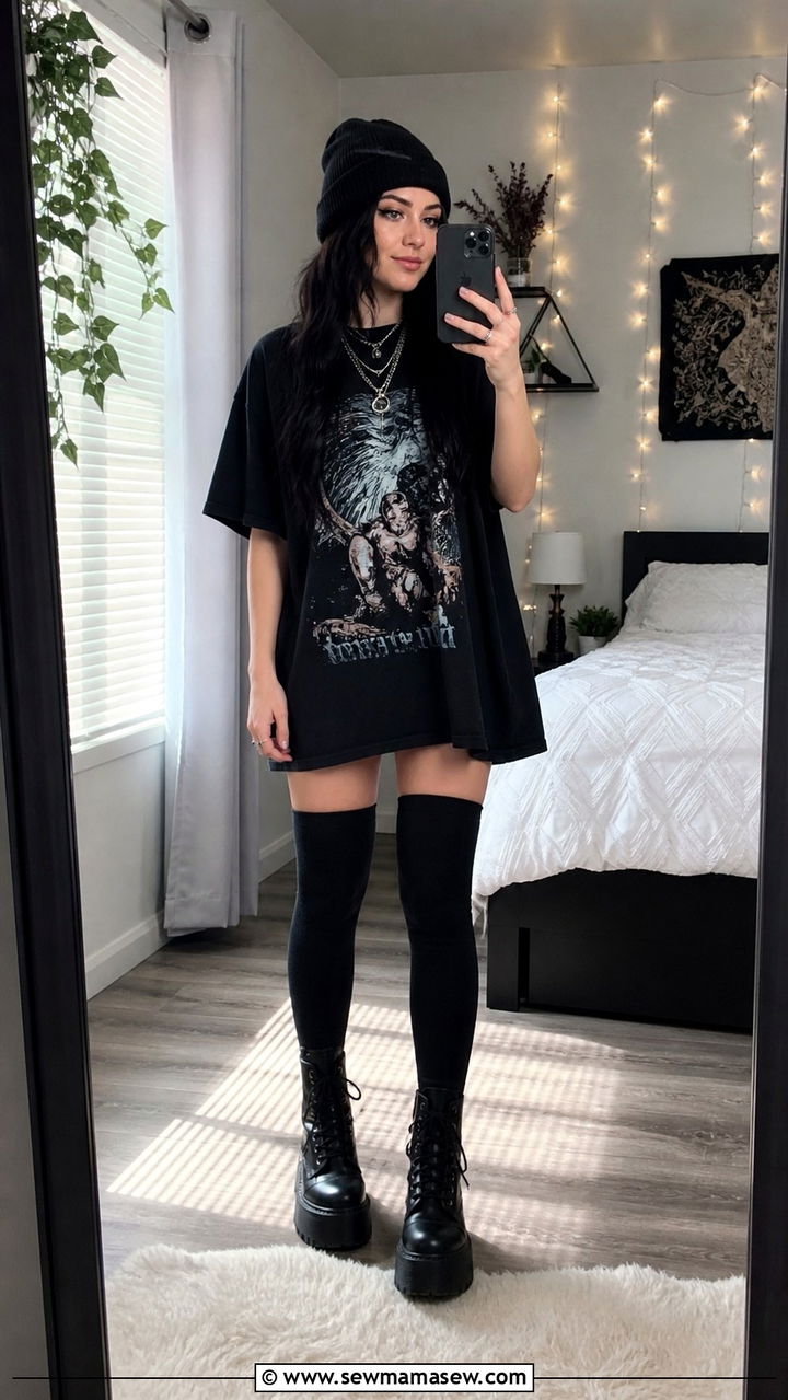 Oversized Band Tee As Dress With Thigh High Socks - 40 grunge outfits ideas