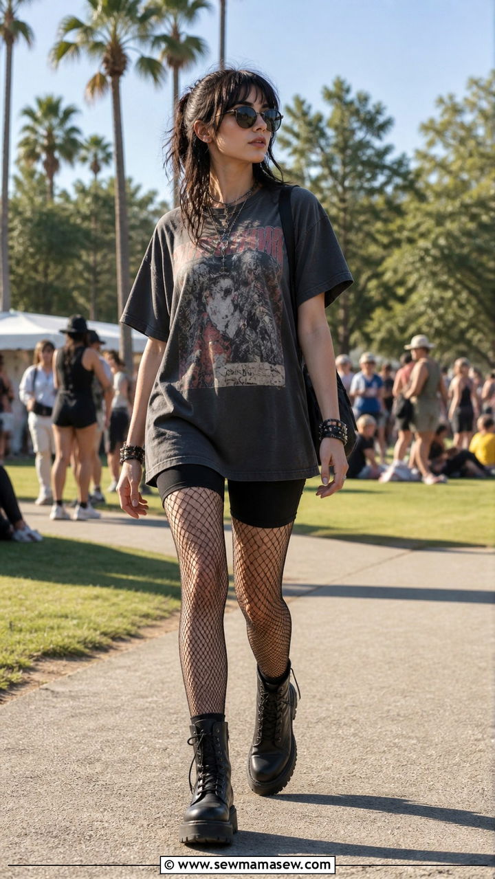 Oversized Band Tee Biker Shorts Fishnets Combat Boots - 40 Grunge outfit ideas