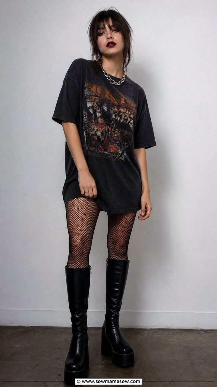 Oversized Band Tee Dress with Fishnets and Platform Boots - 30 summer grunge outfits