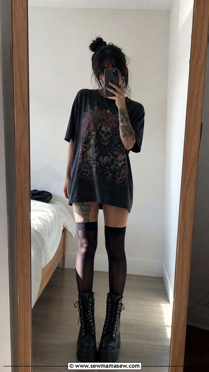 Oversized Band Tee Thigh High Socks Platform Boots - 40 Grunge outfit ideas