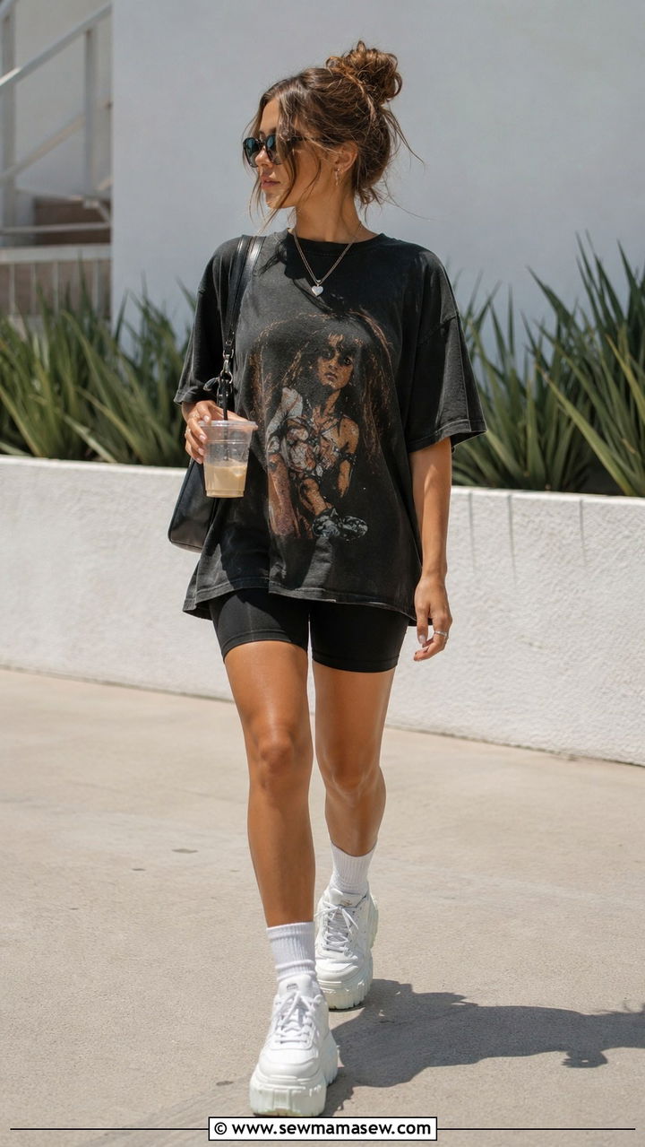 Oversized Band Tee With Biker Shorts and Chunky Sneakers - 25 90s outfits aesthetic