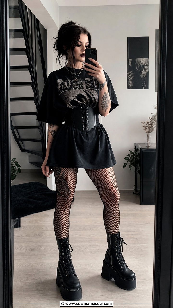 Oversized Band Tee and Fishnet Tights Outfit - 30 summer edgy outfit ideas