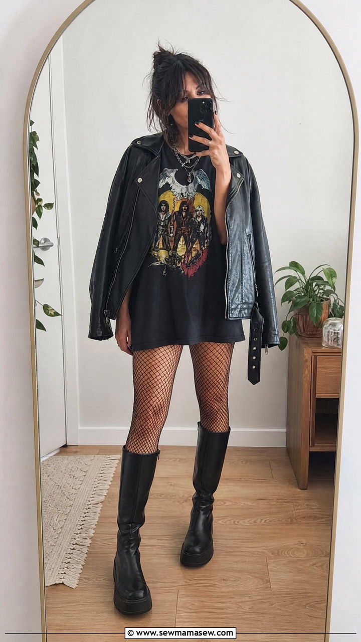 Oversized Band Tee as Dress with Fishnets and Knee High Boots - 35 grunge outfit ideas for women