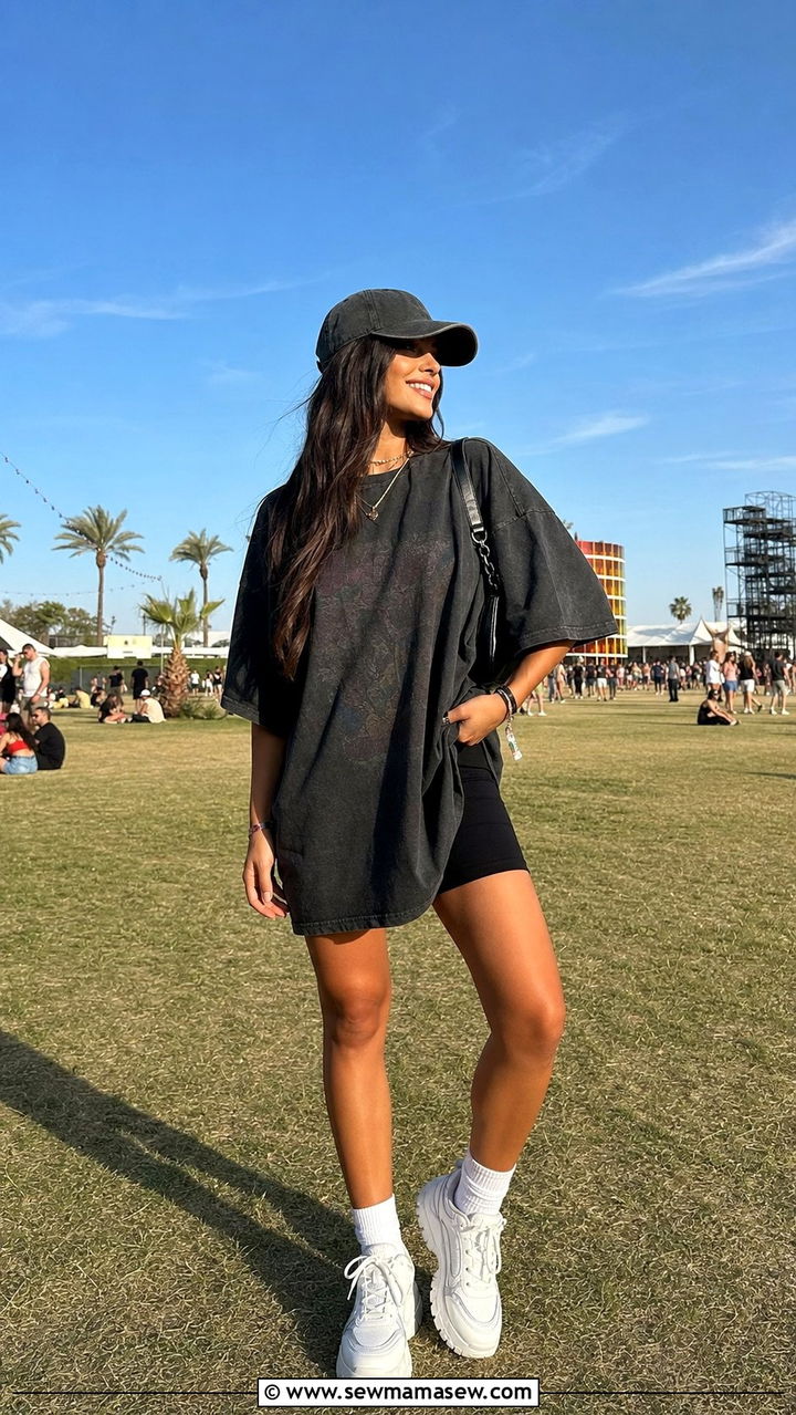 Oversized Band Tee with Biker Shorts Concert Outfit - 25 concert outfits inspo