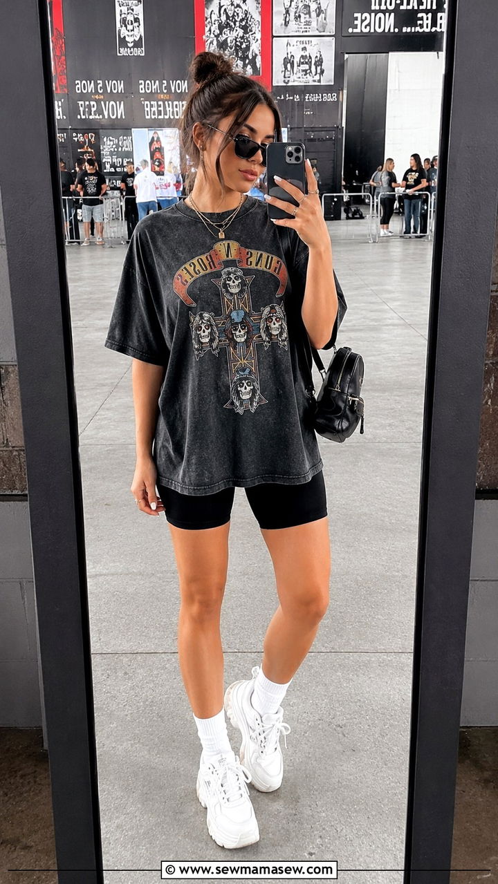 Oversized Band Tee with Biker Shorts - 30 casual summer concert outfits