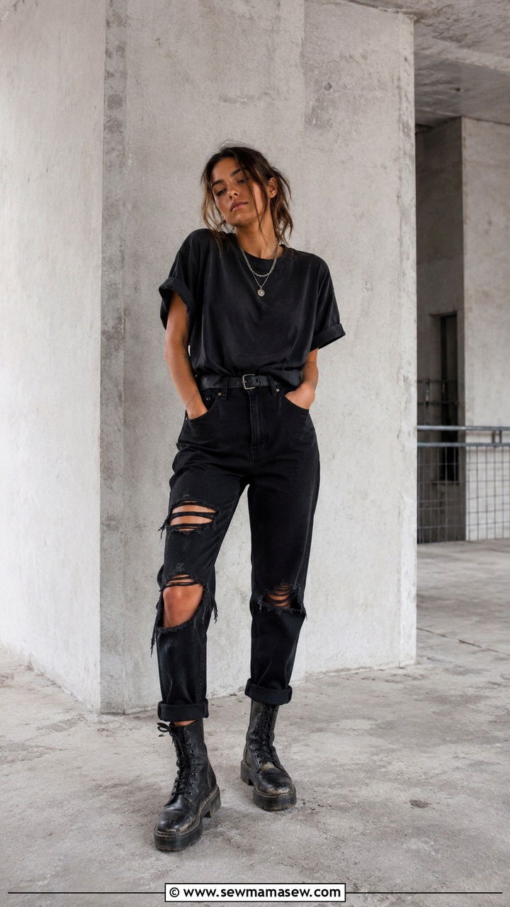 Oversized Band Tee with Ripped Black Jeans - 30 casual grunge outfits