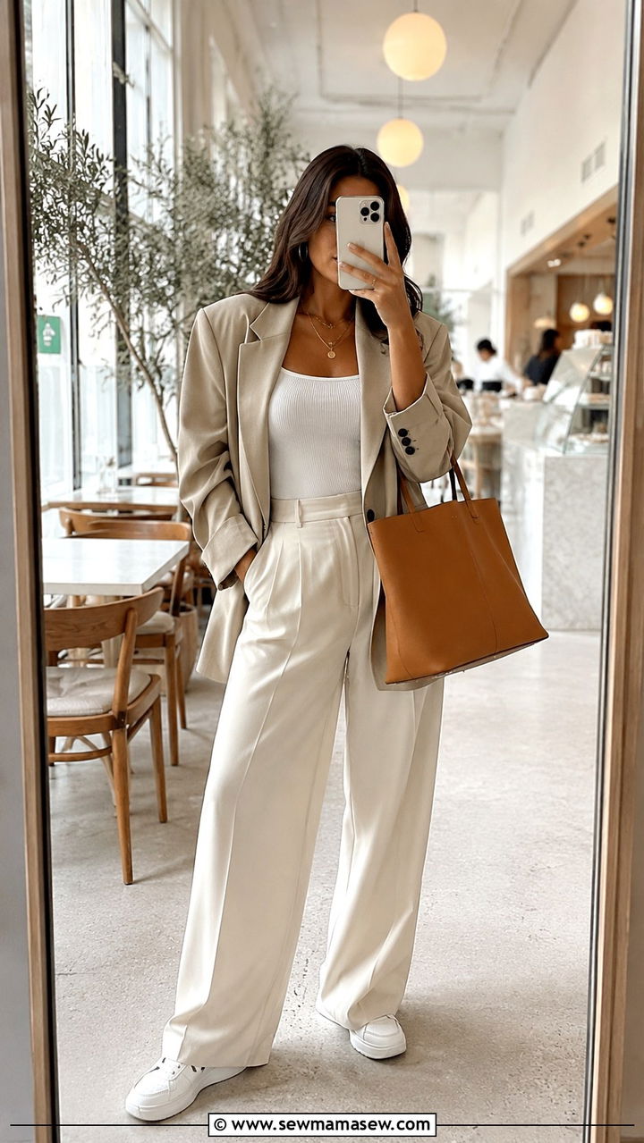 Oversized Beige Blazer Wide Leg Trousers - 30 classy blazer outfits