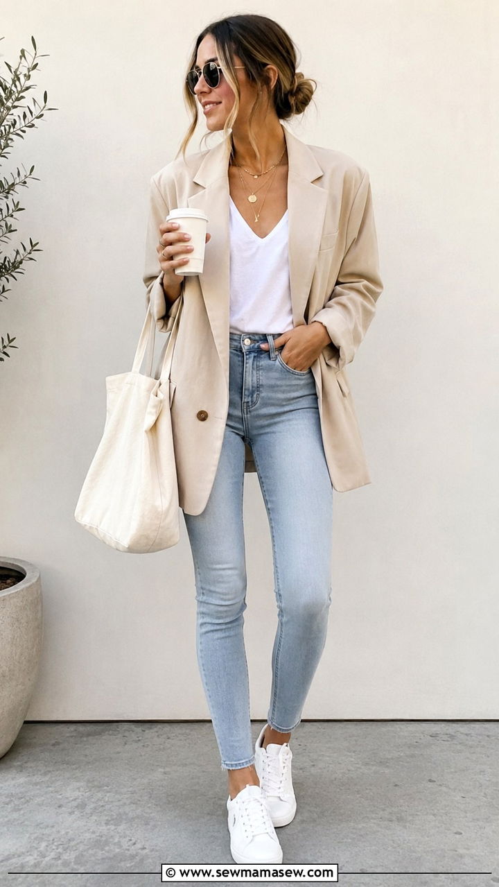 Oversized Beige Blazer with Light Wash Skinny Jeans - 30 Skinny jeans outfit ideas with a blazer