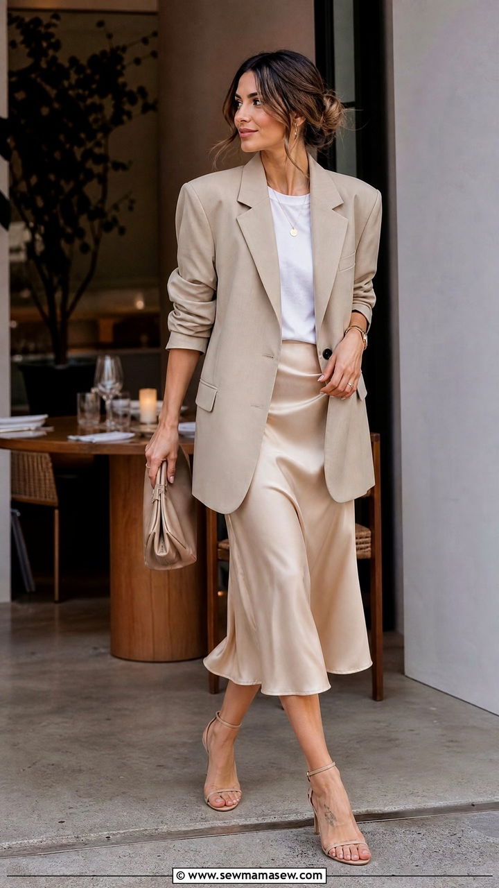 Oversized Beige Blazer with Satin Midi Skirt Outfit - 30 Oversized blazer outfit ideas with a skirt
