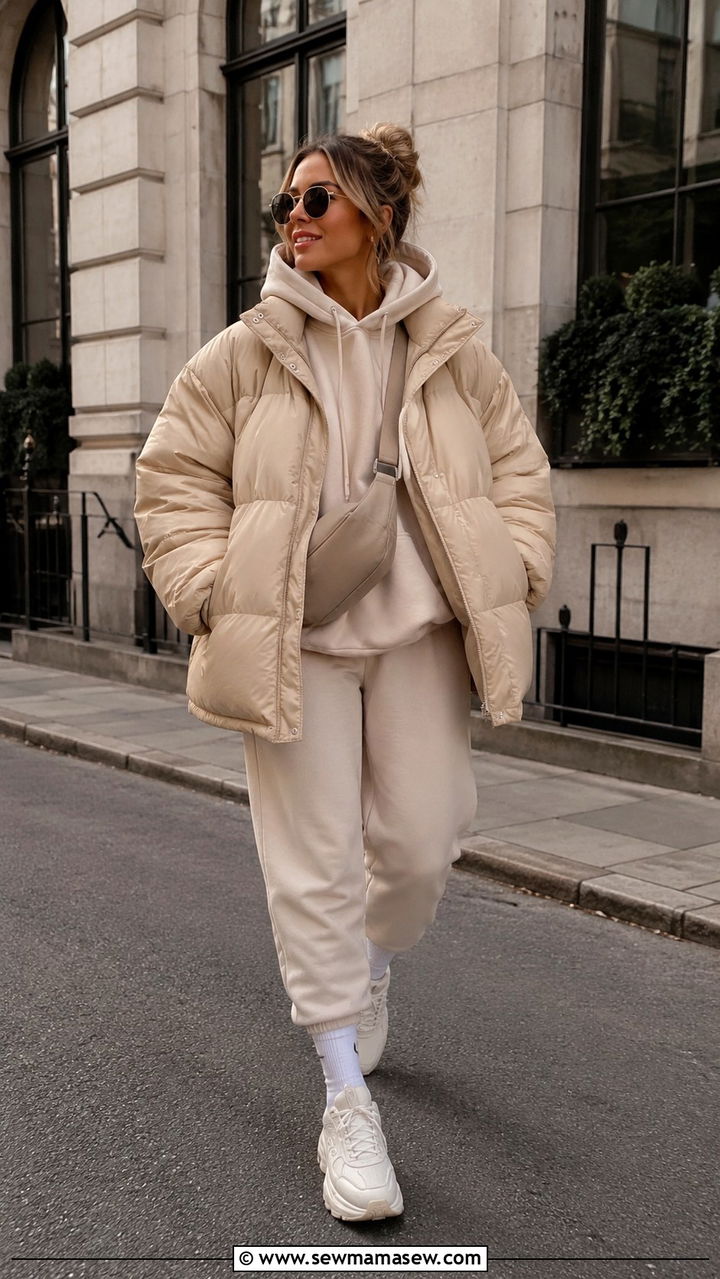 Oversized Beige Puffer With Cream Hoodie And Joggers - 25 Puffer jacket outfit ideas cute