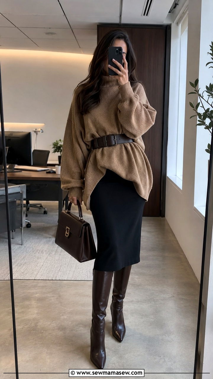 Oversized Belted Sweater With Midi Skirt - 30 Oversized sweater with a skirt outfit ideas