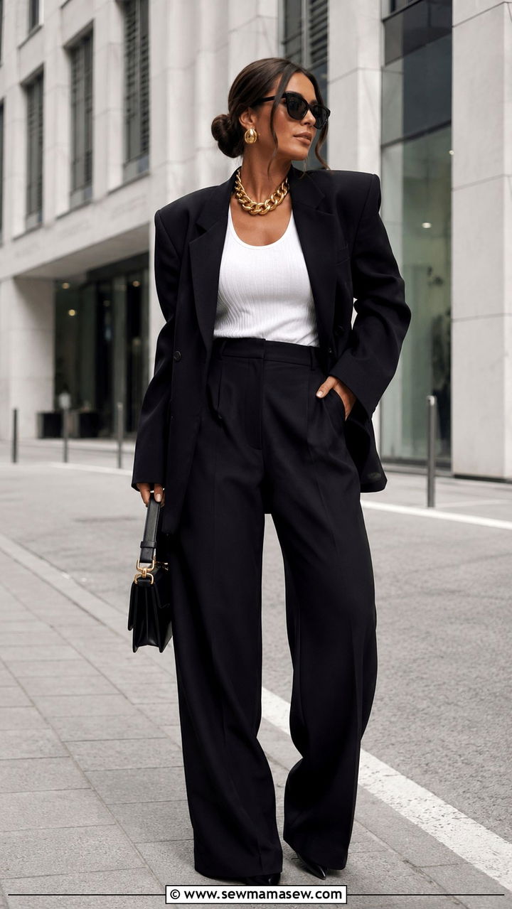 Oversized Black Blazer With Chunky Gold Chain Necklace - 20 Glamoratti outfit ideas chunky gold jewelry