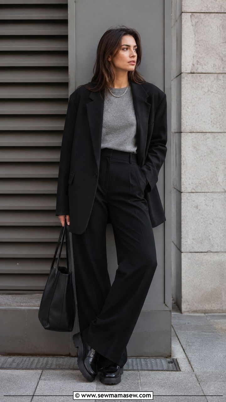 Oversized Black Blazer with Grey Knit and Wide Leg Trousers - 30 classy scandinavian outfit ideas