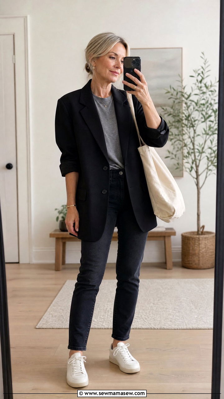 Oversized Black Blazer with T Shirt and Slim Jeans - 25 How to style a blazer over 50