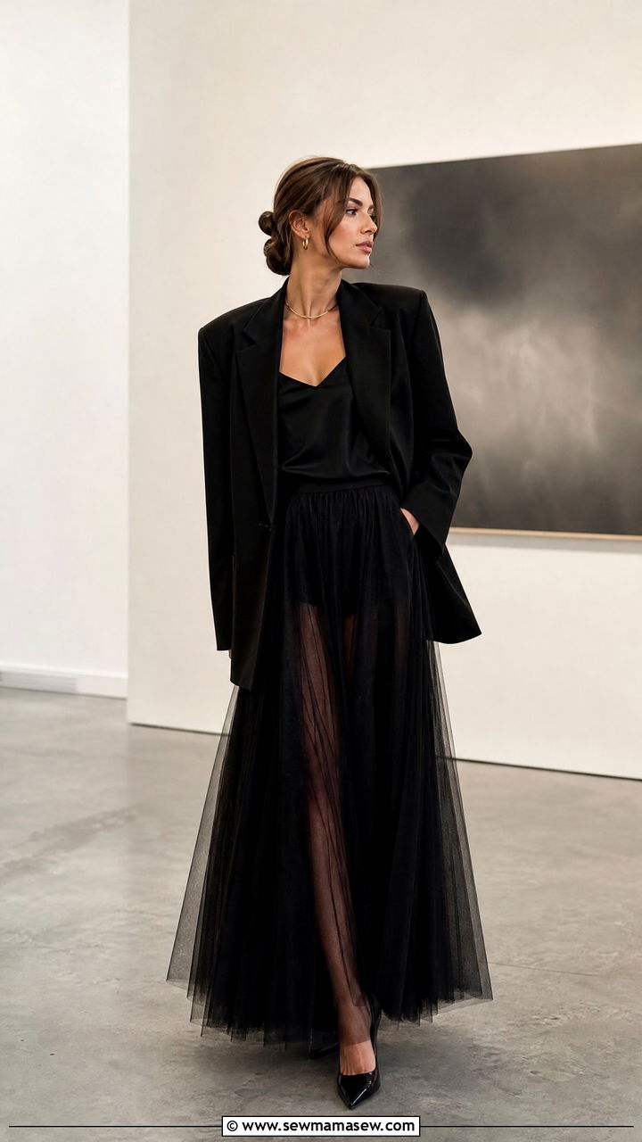 Oversized Black Blazer with Tulle Maxi Skirt Outfit - 30 Oversized blazer outfit ideas with a skirt