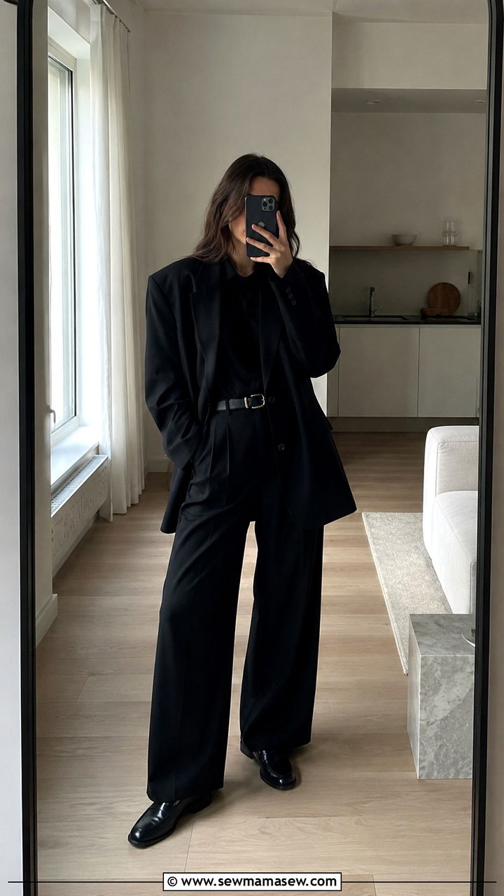Oversized Black Blazer with Wide Leg Trousers and Black Loafers - 30 loafers outfit ideas for women