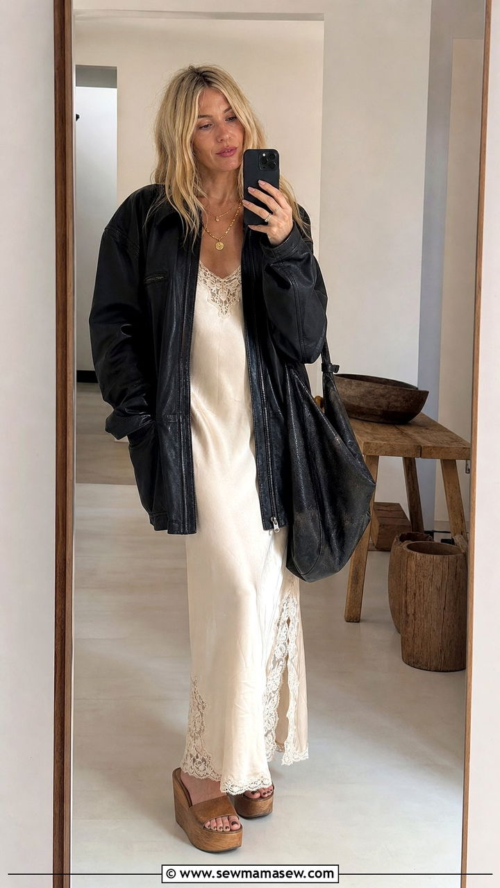 Oversized Black Leather Jacket With Lace Slip Dress And Wedges - 25 Sienna Miller boho outfit ideas