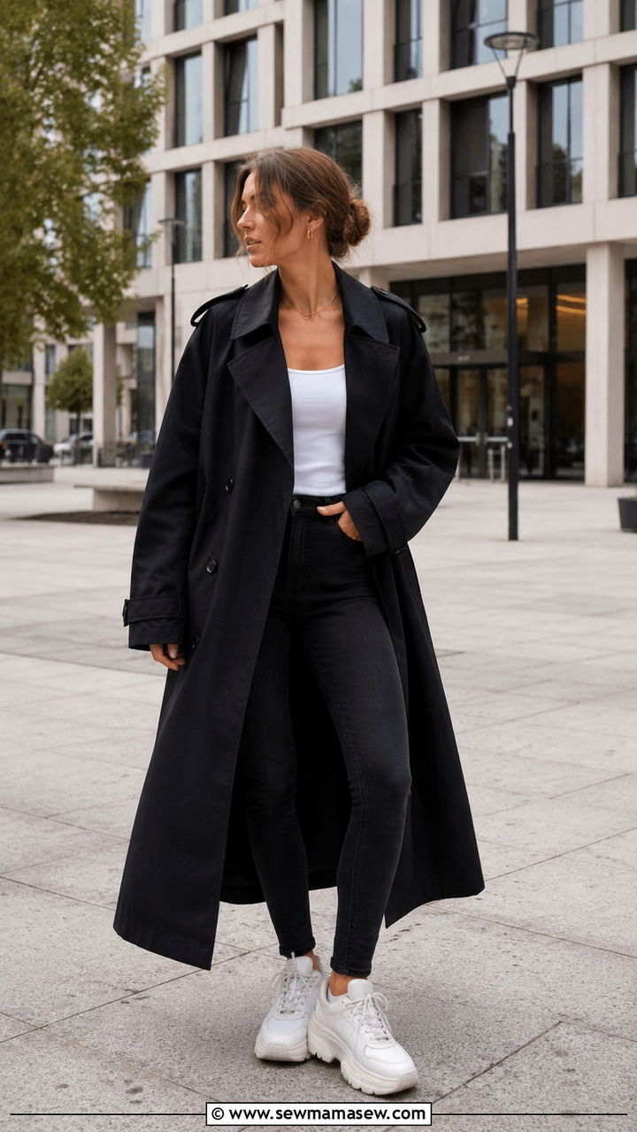 Oversized Black Trench Coat With Slim Fit Black Jeans And Chunky Sneakers - 25 Black jeans outfit ideas with a trench coat