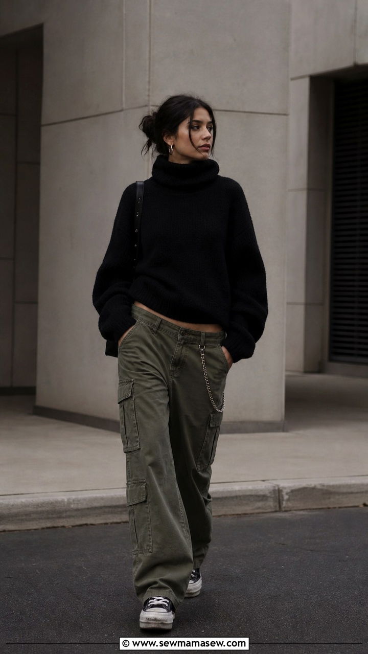Oversized Black Turtleneck With Low Rise Baggy Cargos - 40 grunge outfits