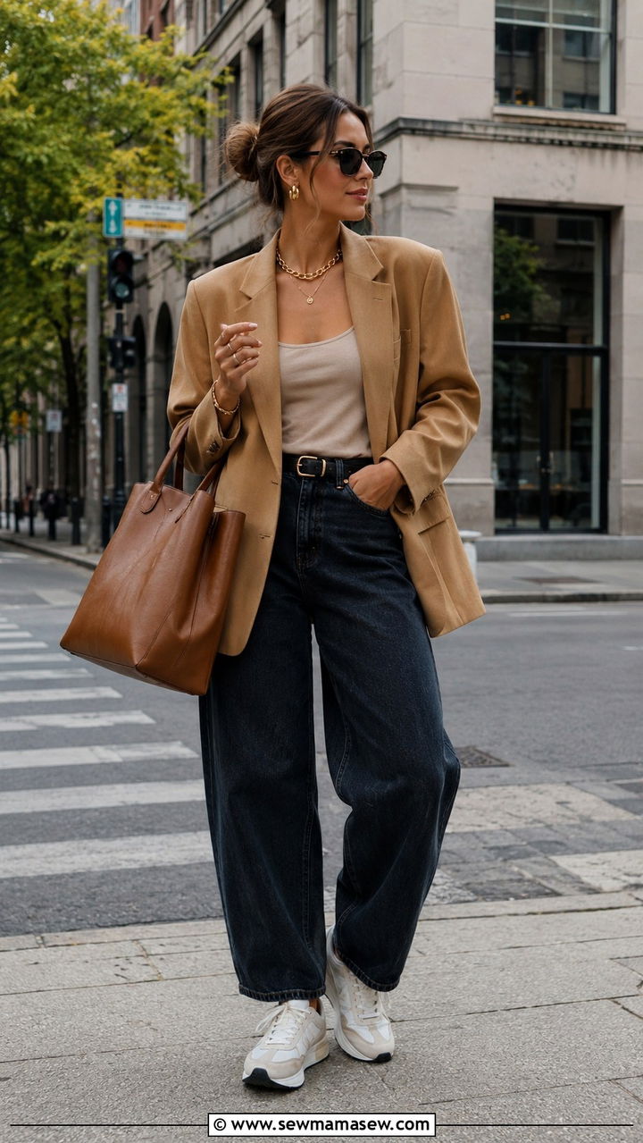 Oversized Blazer And Barrel Jeans With White Sneakers - 25 Barrel jeans outfit ideas with white sneakers