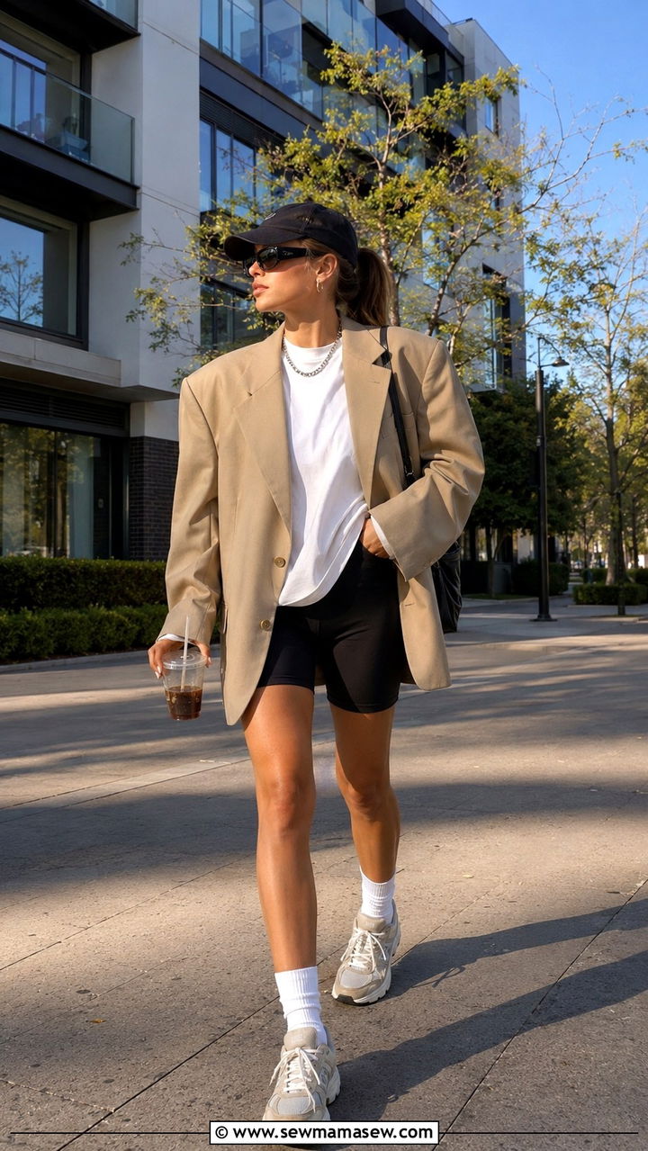 Oversized Blazer And Biker Shorts Outfit - 25 Mid March outfit ideas