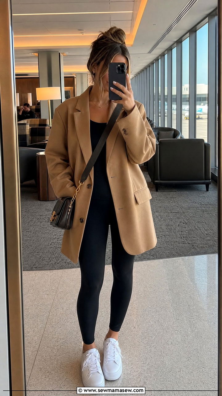 Oversized Blazer And Leggings Travel Look - 30 Europe airport outfit ideas