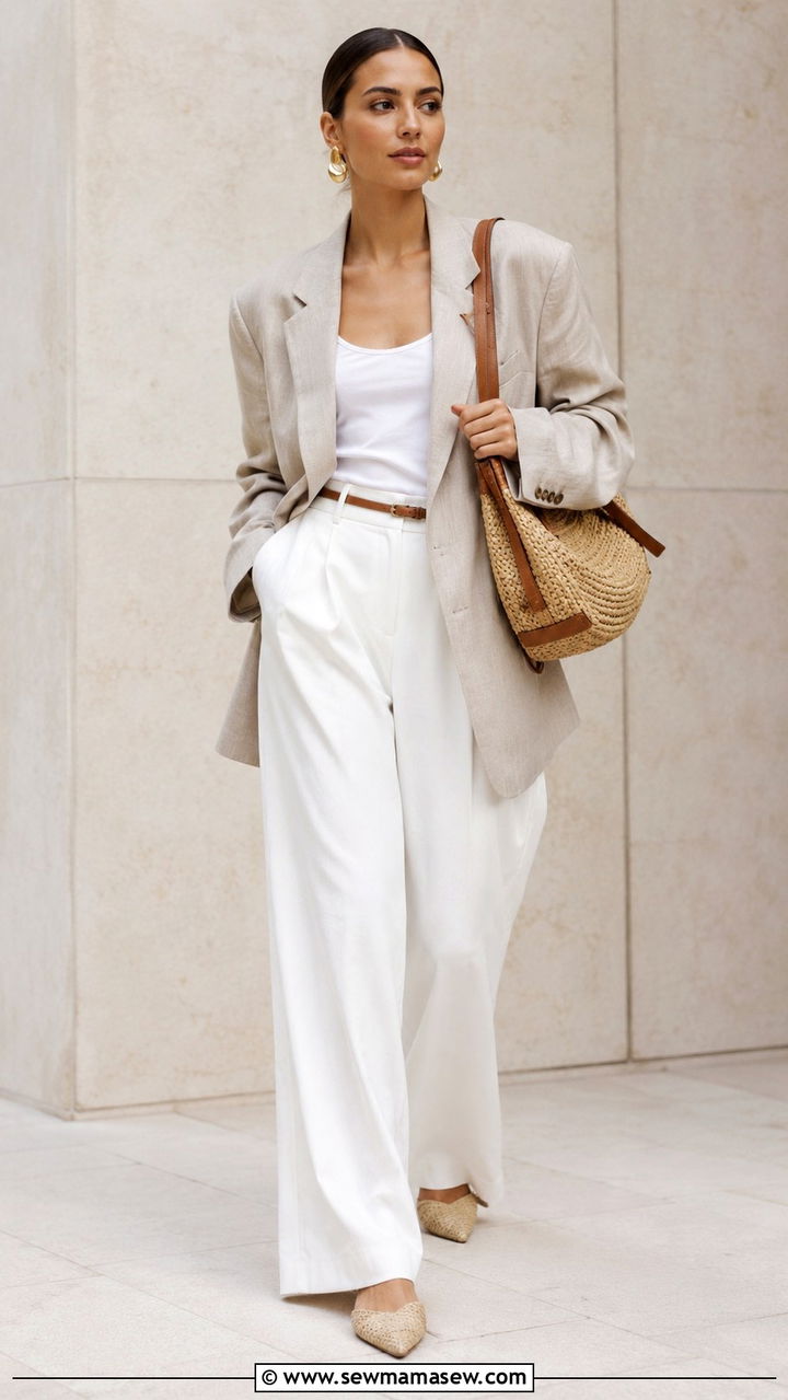 Oversized Blazer And Wide Leg Trousers With Raffia Bag - 25 Raffia bag outfit ideas summer