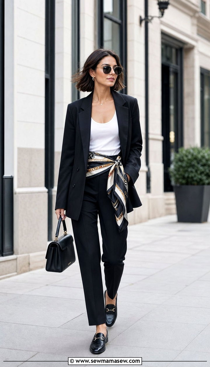 Oversized Blazer Belted With A Printed Silk Scarf - 25 Silk scarf as a belt outfit ideas