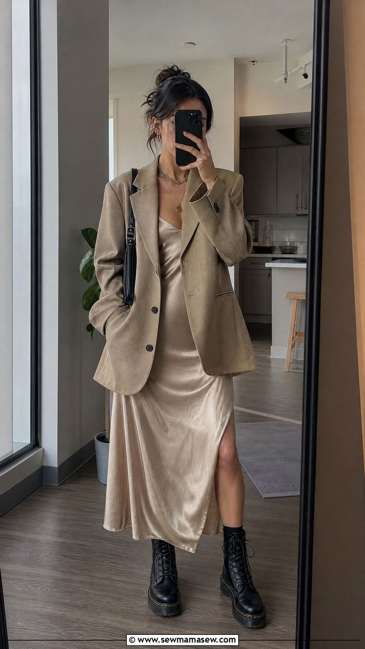 Oversized Blazer Over Slip Dress With Doc Martens - 25 Indie girl outfit ideas 2026