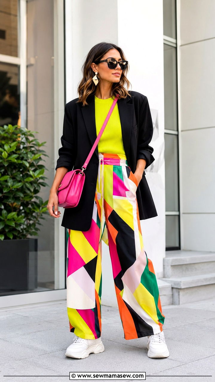 Oversized Blazer With A Neon Top And Printed Wide Leg Pants - 30 casual maximalist outfits