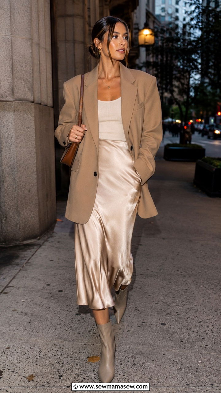 Oversized Blazer With A Satin Slip Skirt - 25 seasonal dinner outfit ideas