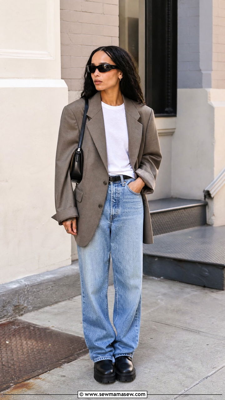 Oversized Blazer With Baggy Jeans and T Shirt - 20 Zoe Kravitz spring outfit ideas