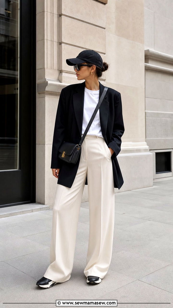 Oversized Blazer With Baseball Cap And Wide Leg Trousers - 25 spring outfits with baseball cap