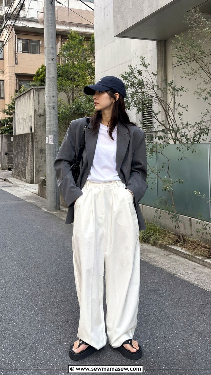 Oversized Blazer With Baseball Cap Barrel Pants And Flip Flops - 30 Tokyo vacation outfit ideas