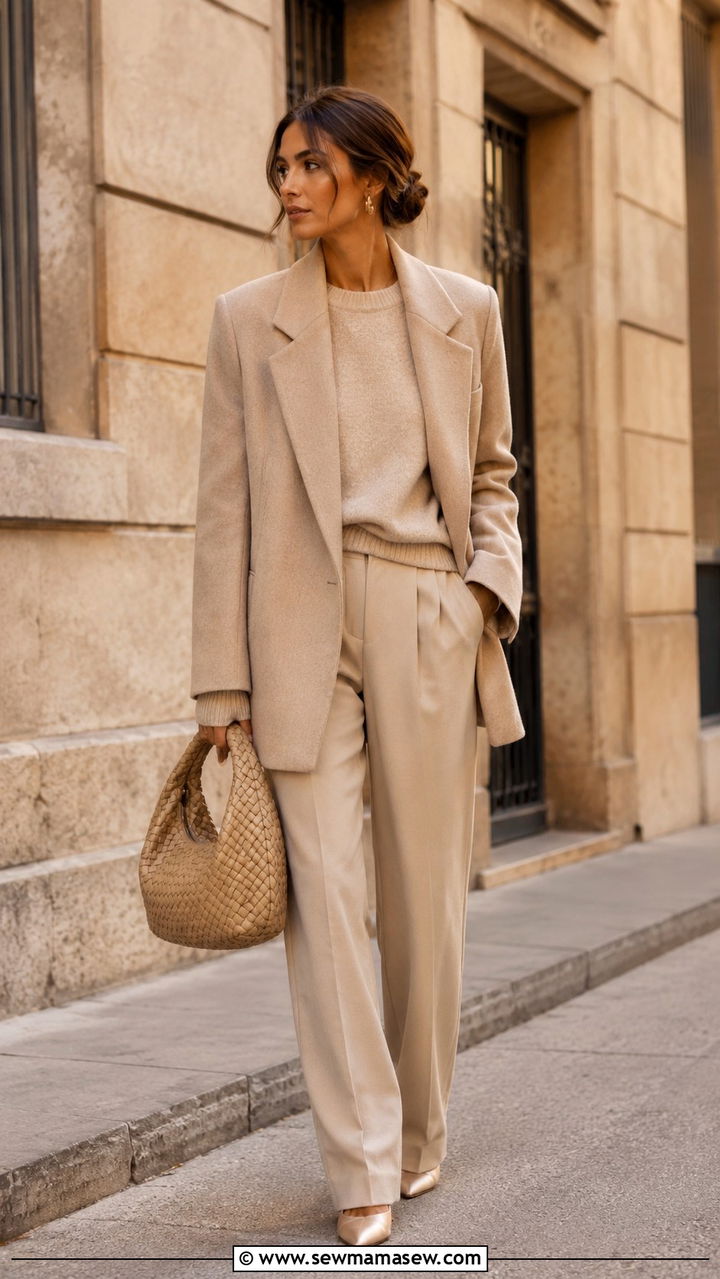 Oversized Blazer With Beige Monochrome Tonal Look - 30 Oversized blazer outfit ideas for work