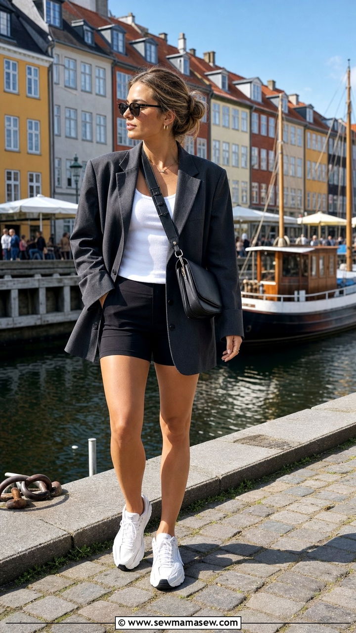 Oversized Blazer With Bike Shorts And Sneakers - 25 cute Copenhagen outfits