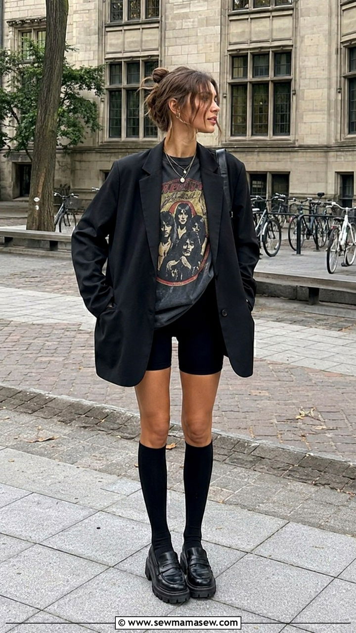 Oversized Blazer With Bike Shorts and Band Tee - 30 grunge outfits aesthetic