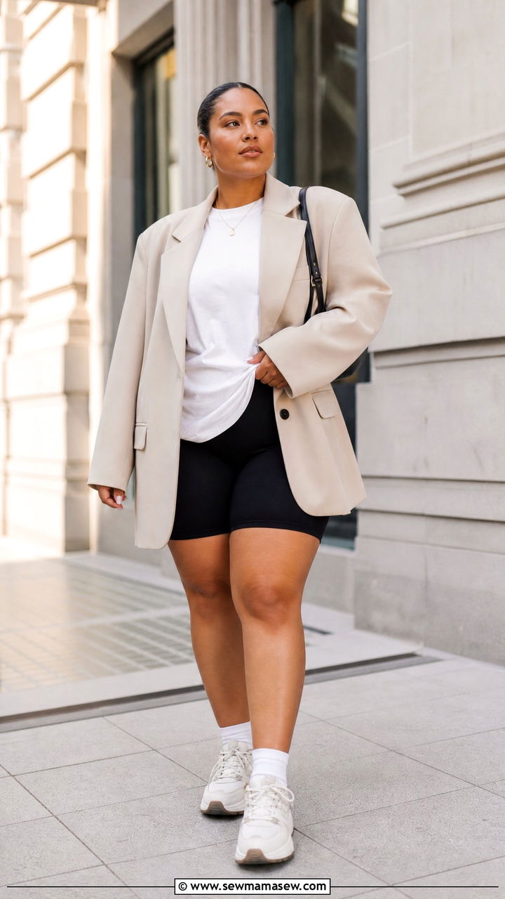 Oversized Blazer With Biker Shorts - 30 curvy outfit ideas for women