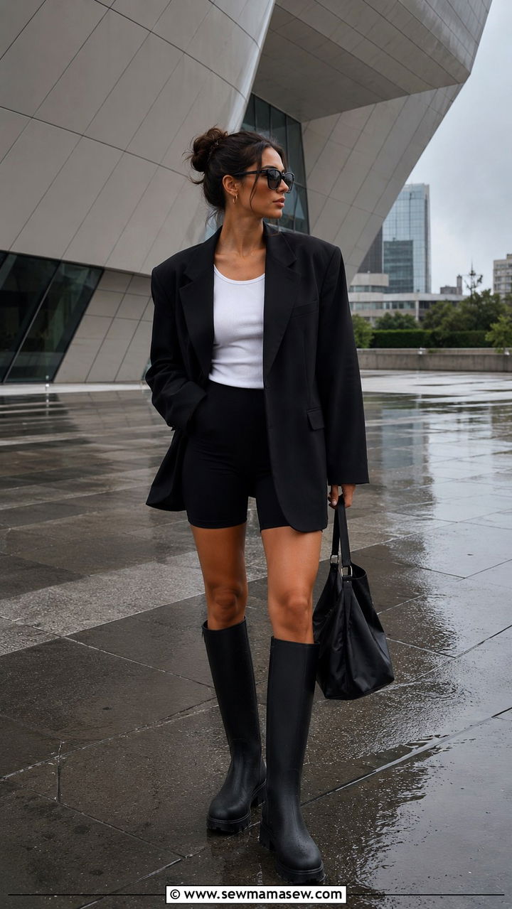 Oversized Blazer With Biker Shorts And Knee High Boots - 30 Rainy day travel outfit ideas