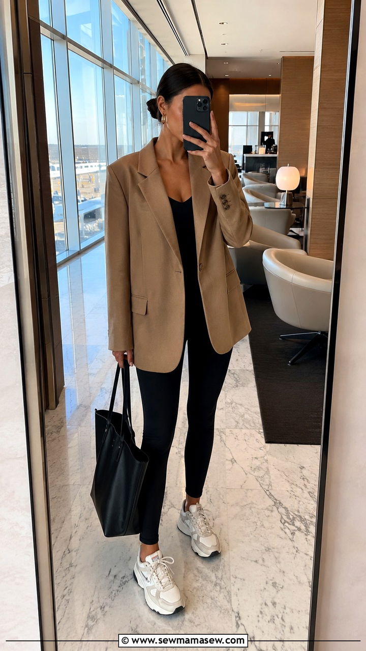 Oversized Blazer With Black Leggings - 25 travel outfits aesthetic