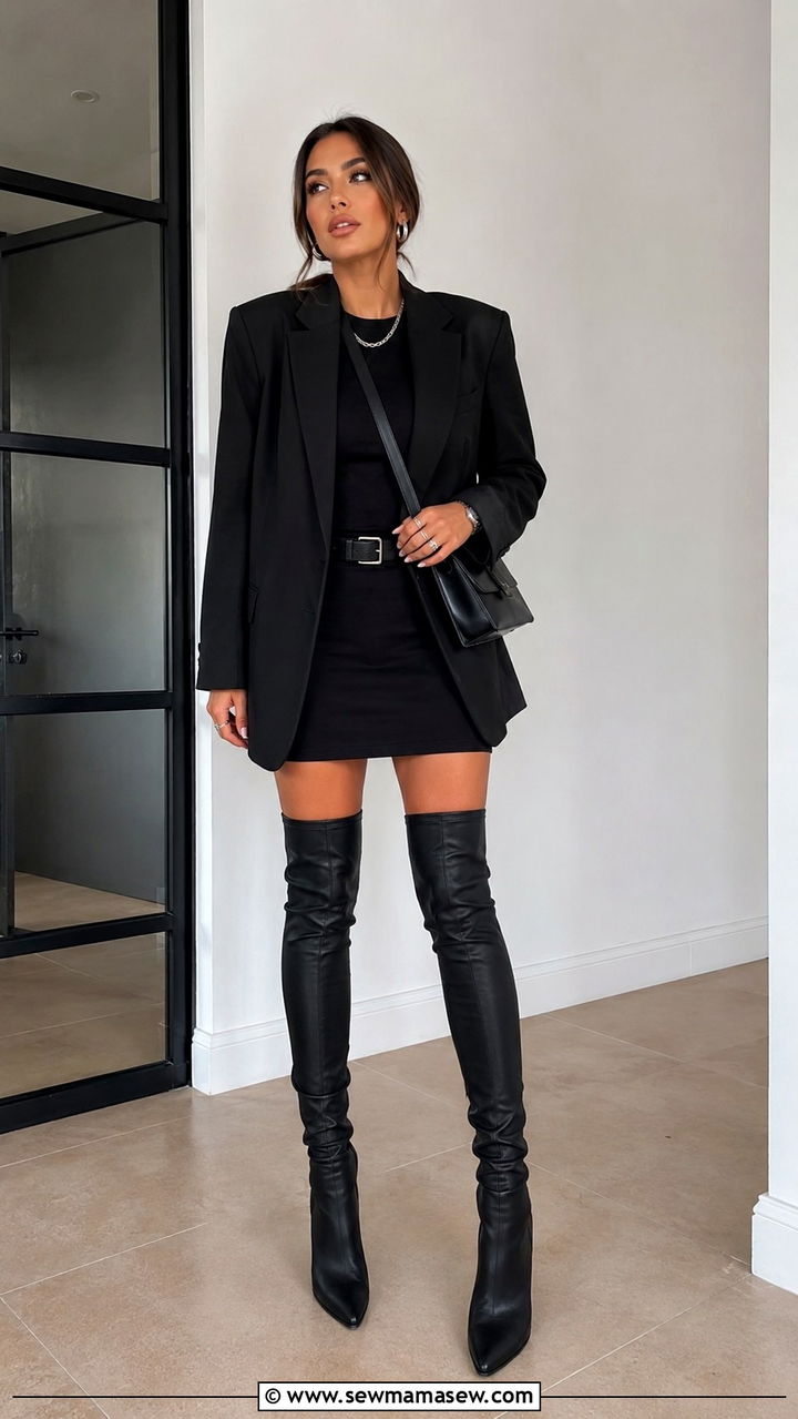 Oversized Blazer With Black Mini Dress and Thigh High Boots - 30 Oversized blazer outfit ideas with a dress