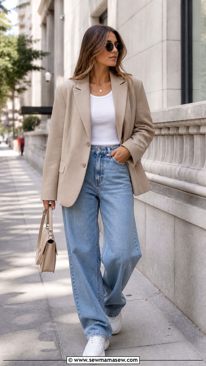 Oversized Blazer With Blue Jeans and White Sneakers - 40 cute jacket outfits