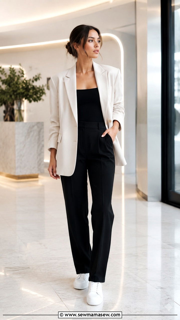 Oversized Blazer With Bodysuit And Sneakers - 30 Oversized blazer outfit ideas with sneakers
