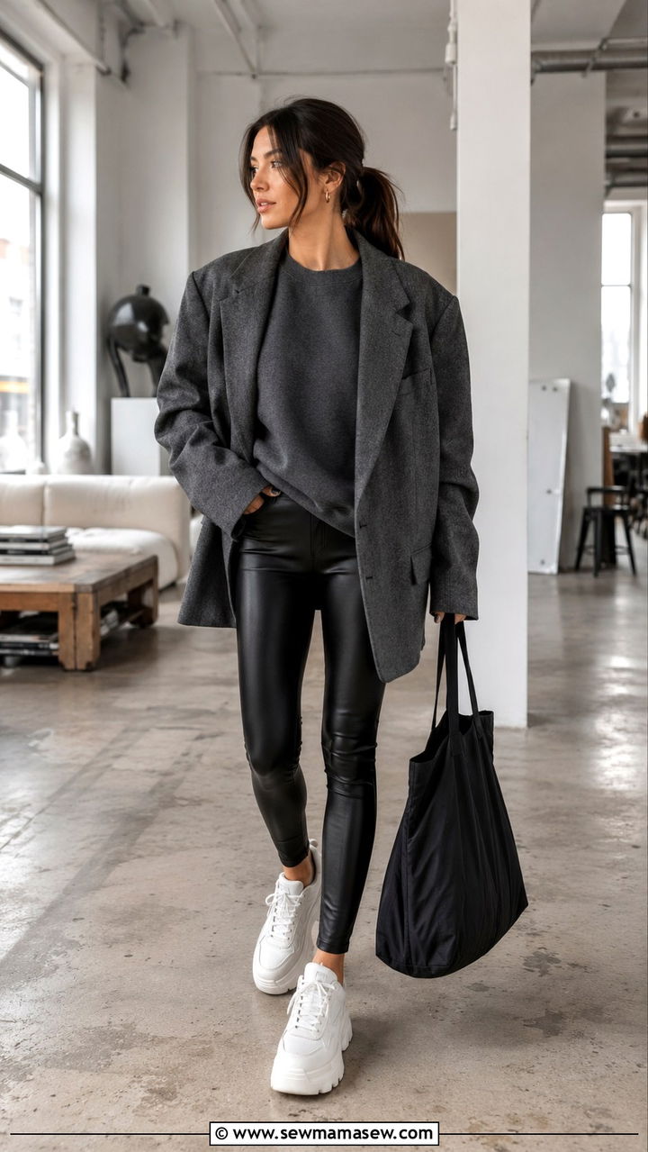 Oversized Blazer With Crewneck Sweatshirt And Leggings - 30 Oversized blazer outfit ideas for work