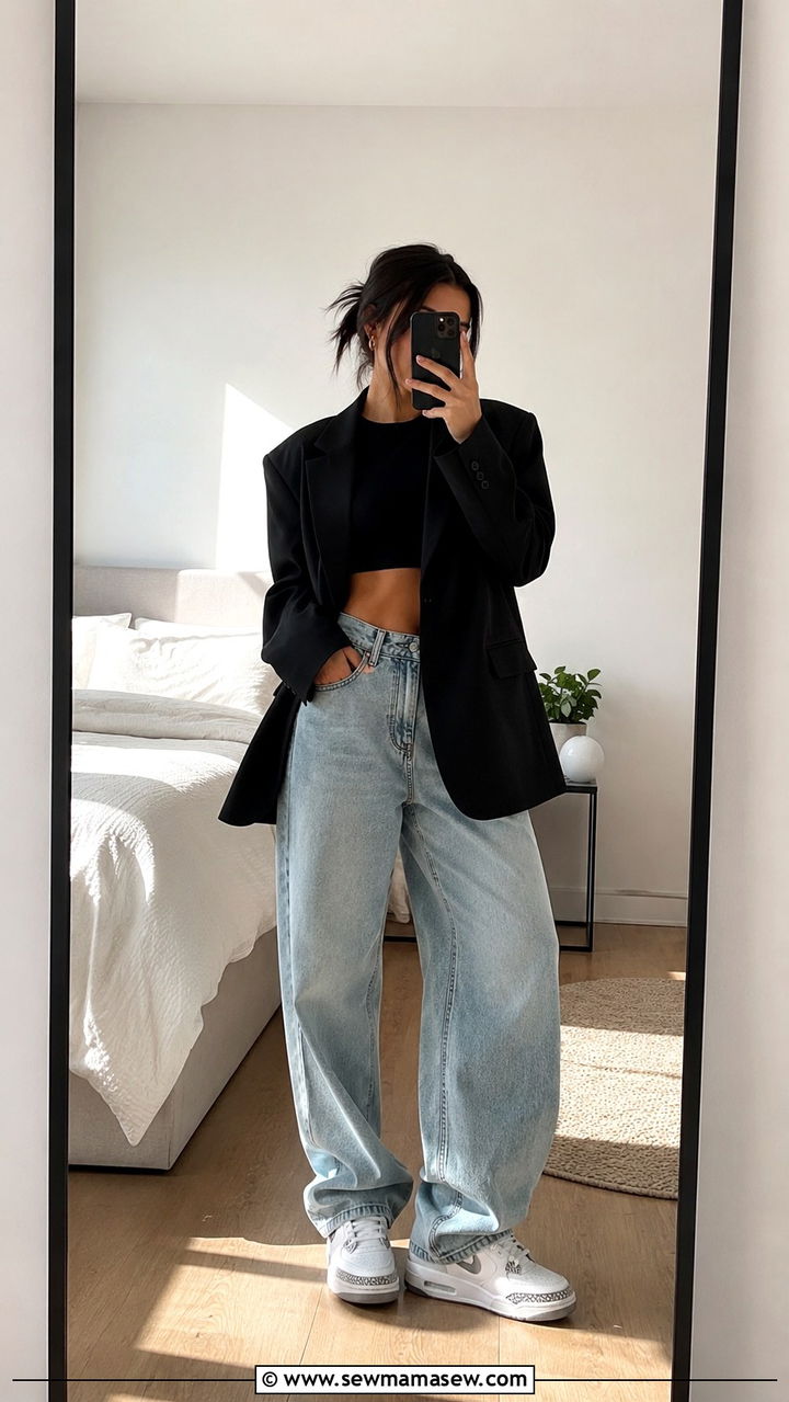 Oversized Blazer With Crop Top And Baggy Jeans Sneakers - 30 Oversized blazer outfit ideas with sneakers