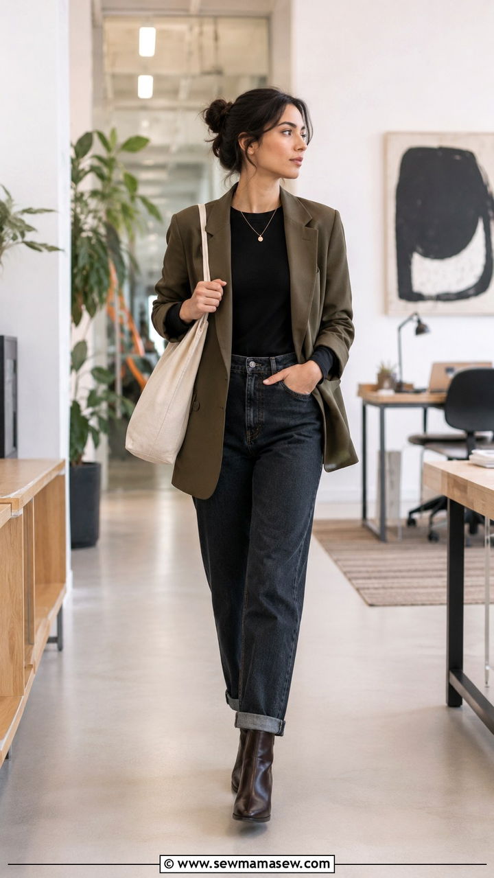 Oversized Blazer With Cuffed Jeans Outfit - 30 modest office outfit ideas